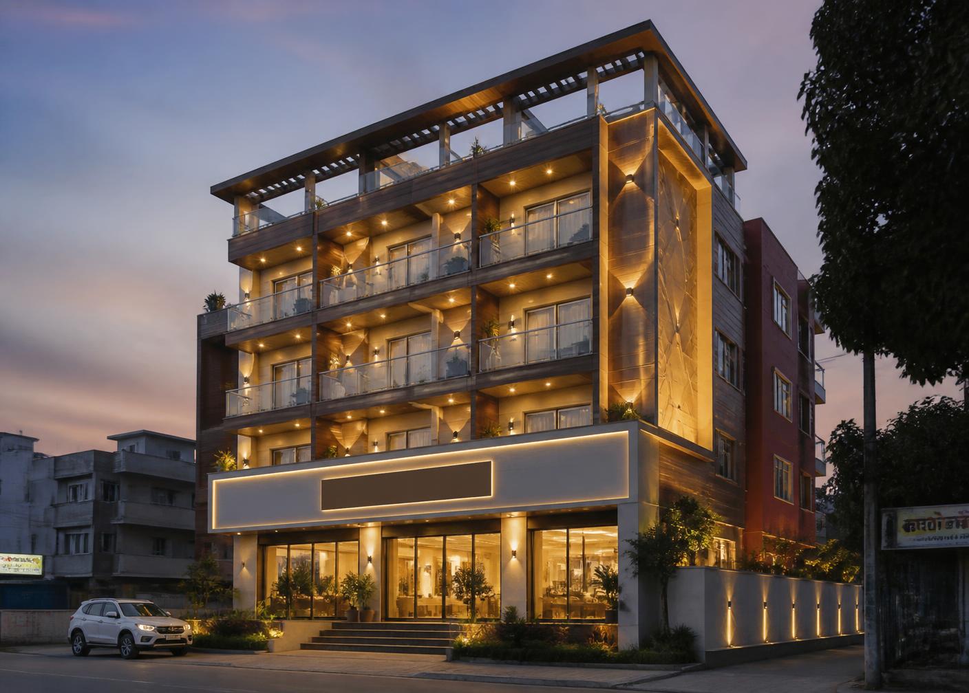 Apex Hotel building on Beldanga College Road at dusk